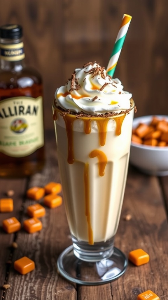 A tall glass of caramel bourbon milkshake topped with whipped cream and caramel sauce, garnished with chocolate shavings.